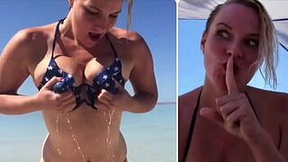 ШШ! Экстремальный публичный минет и сперма на сиськах: потрясающая глубокая глотка на многолюдном пляже - порно видео